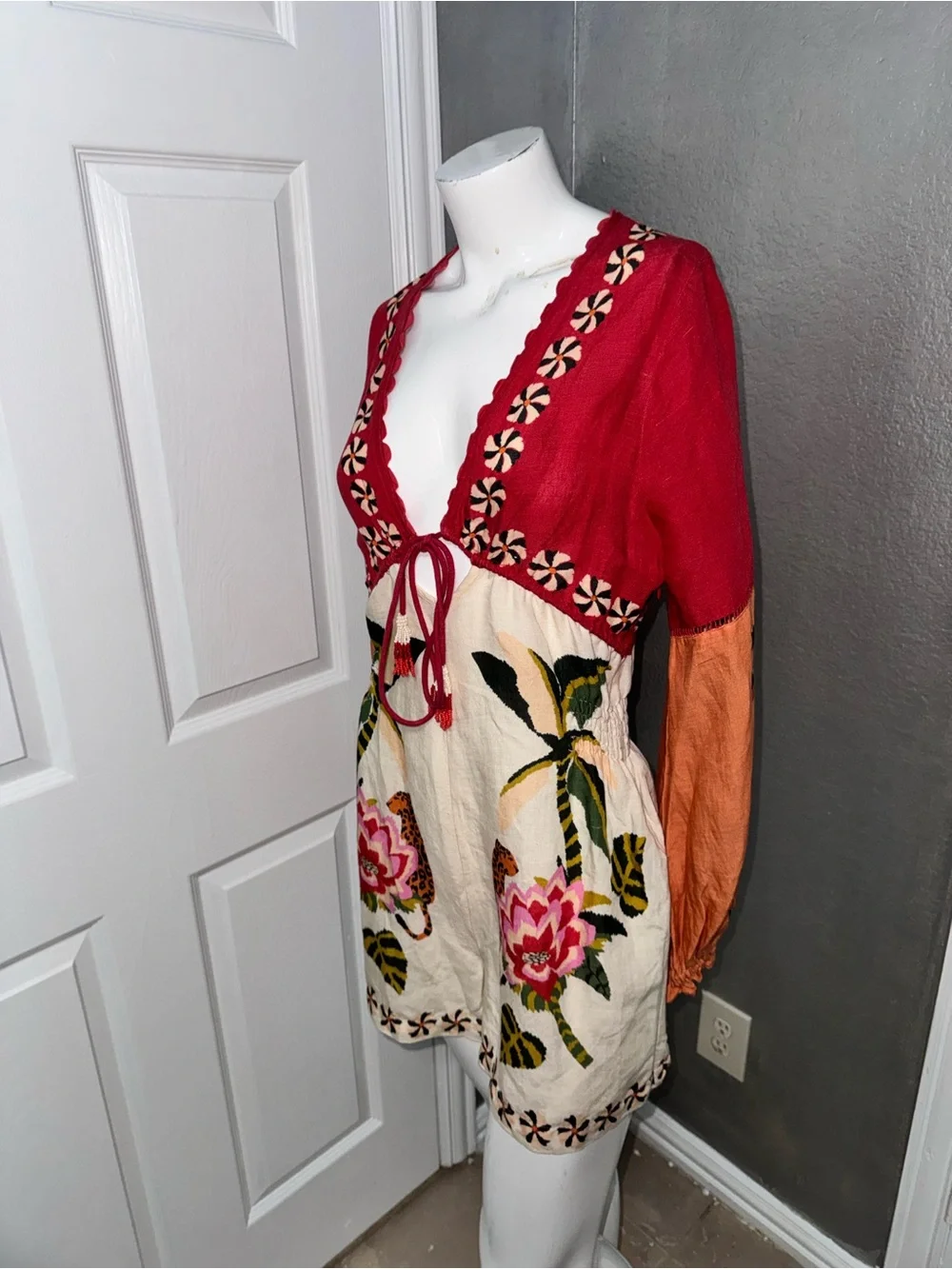 Anthropologie Pink and Cream Embroidered V-Neck Romper - Picture 15 of 17